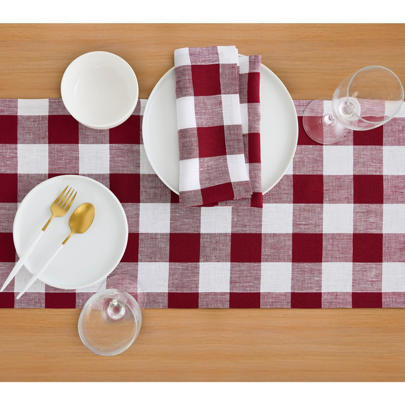 Buffalo Check - 100% Pure Linen Dinner Napkins, Burgundy/White