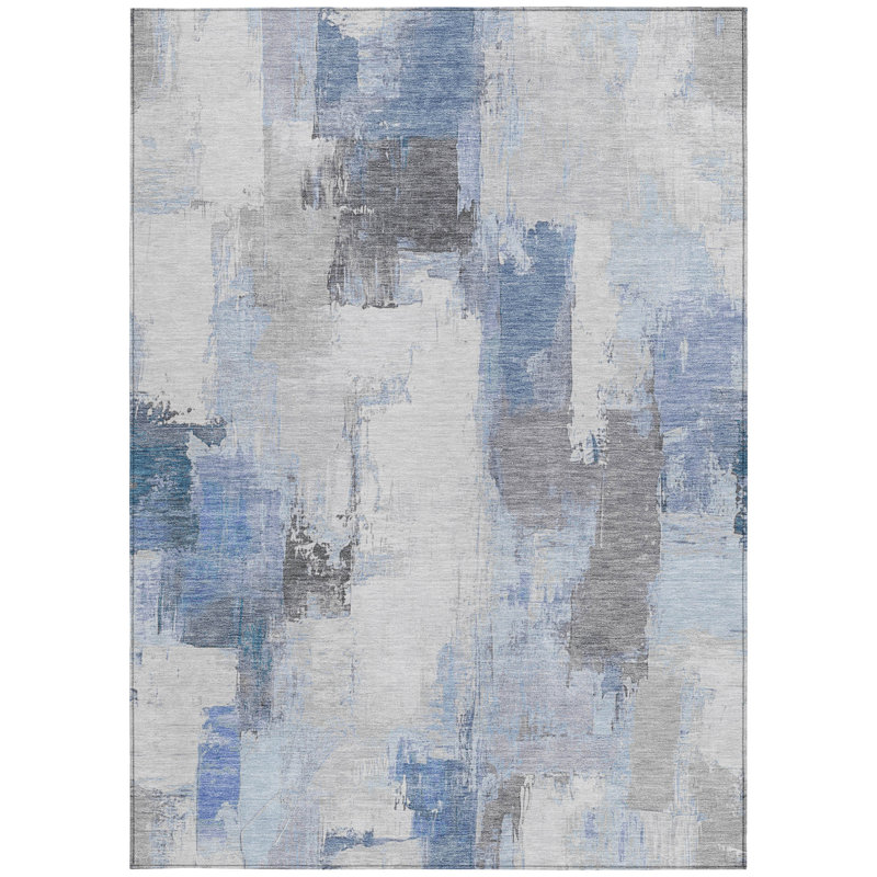 Tapis extérieur lavable abstrait bleu et ivoire 5 pi x 8 pi Denim