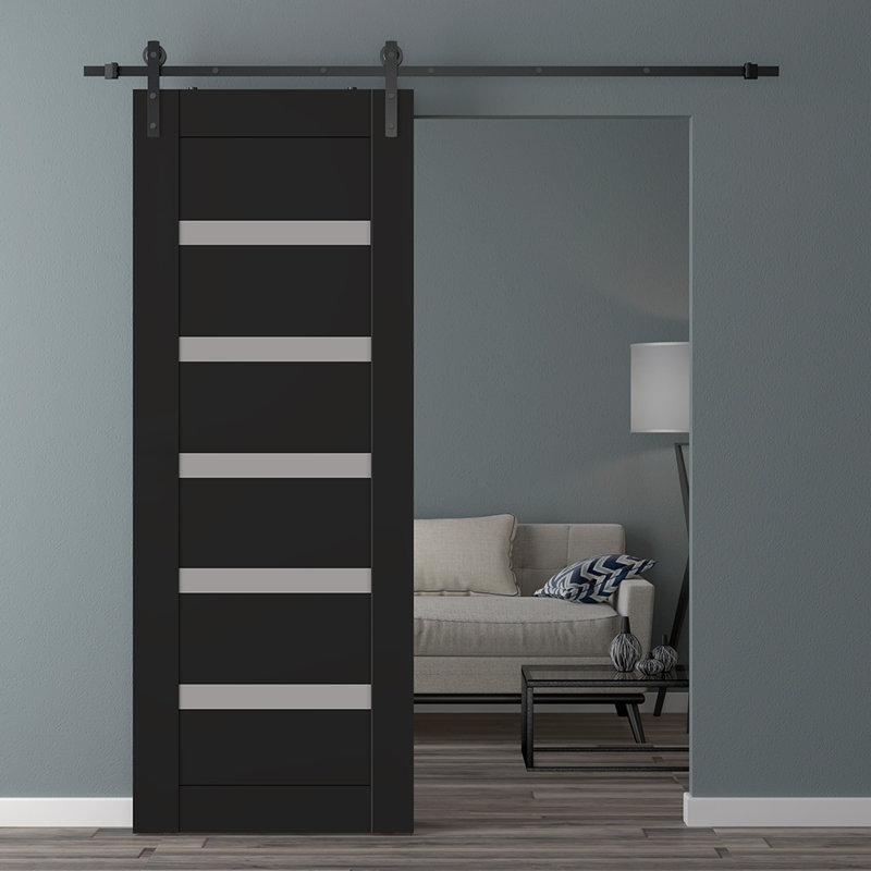 Porte de grange en bois massif et verre Leora Vetro avec trousse de quincaillerie d'installation, 35,875 po x 83,23 po, Noir