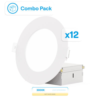 Infibrite 4 Inch Thin Recessed LED Ceiling Light Kit with Warm White 3000 Kelvin Light, 9 Watt, 750 Lumens, Dimmable, Wet Rated, Set of 12