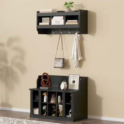 ON-TREND Shoe Storage Bench with Adjustable Shelves and Hooks, Elegant Hall Tree for Entryway Organization, Black