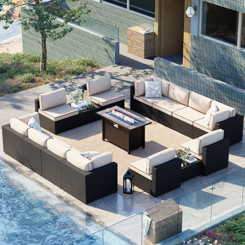  12 - Person Outdoor Patio Wicker Seating Group with Fire Pit Table, Khaki, Black