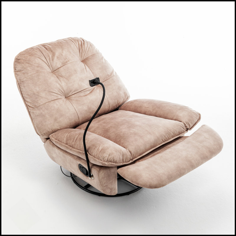 Ivory Reclining Lazy Chair With Mobile Phone Holder, Large Comfortable Reading And Swivel Gliding Rocking Chair, Gold-Stamped Velvet Upholstery