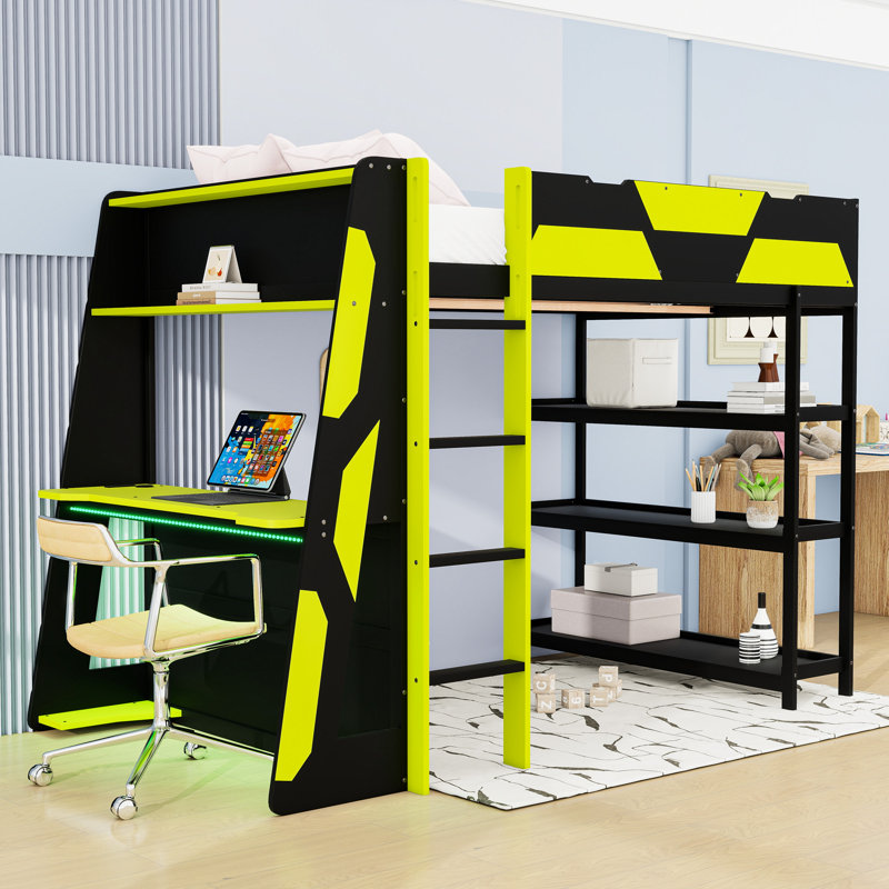 Full Size Wood Loft Bed with Side-Mounted Desk, LED Lights and Built-in Power Outlets, Black/Green