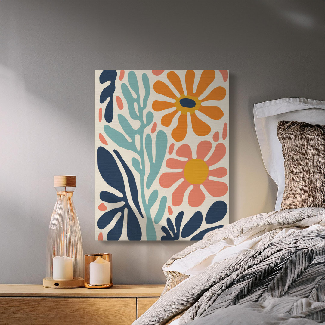 Boho Mid Century Modern Abstract Floral Canvas Wall Art, Colorful Organic Botanical Shapes Print, Retro Aesthetic Home Decor Gift