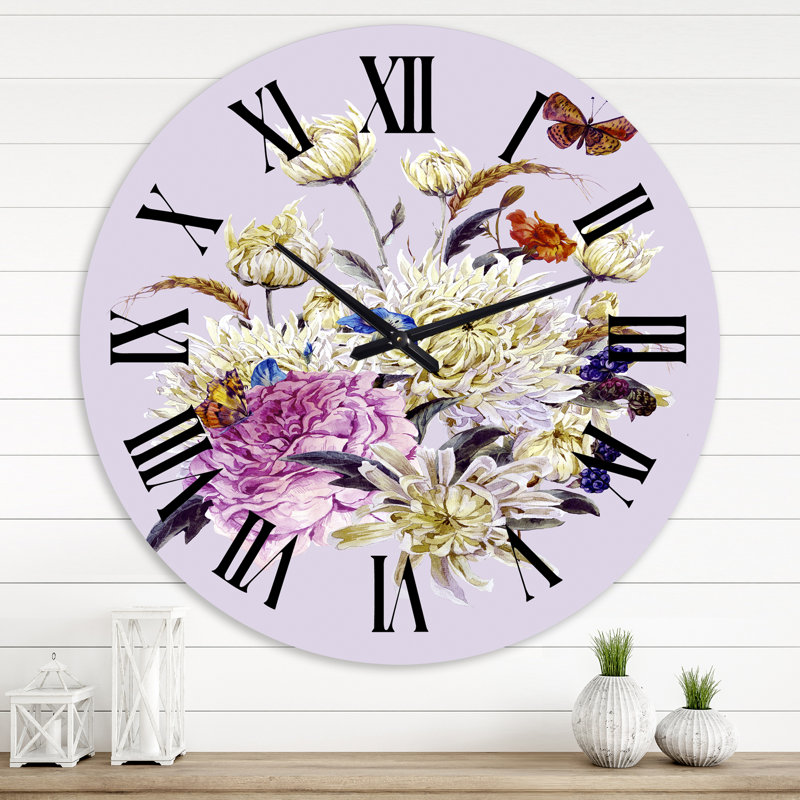 Bouquet rétro avec des chrysanthèmes I - Horloge murale traditionnelle, Grand