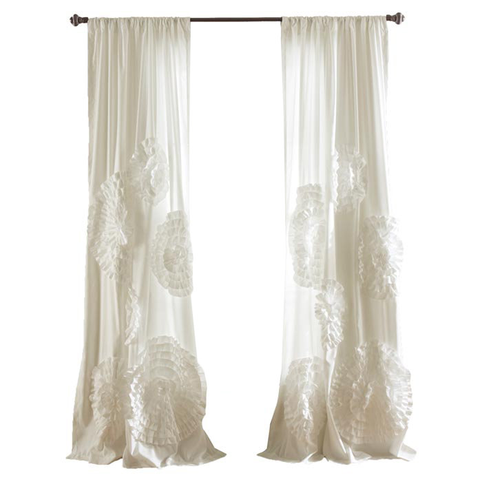 Ivory Polyester Light-Filtering Ruched Flower Curtain Panel