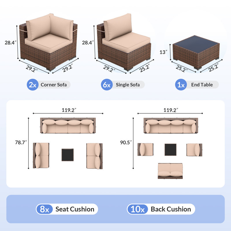 Ensemble de conversation modulaire en rotin avec table basse, Kaki