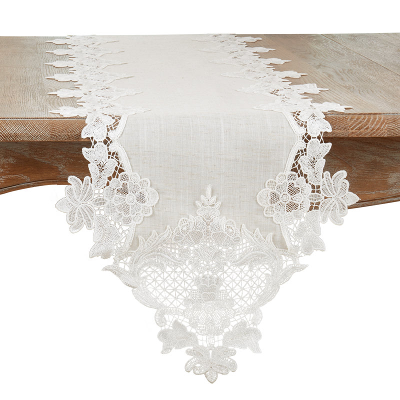 Beige Polyester Table Runner with Lace Border, 58" x 13"
