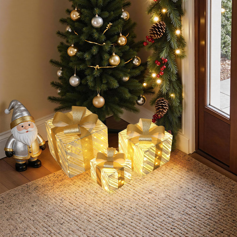 Coffrets-cadeaux rayés or et argent (3 pièces) avec nœuds à paillettes, décoration extérieure lumineuse pour les fêtes