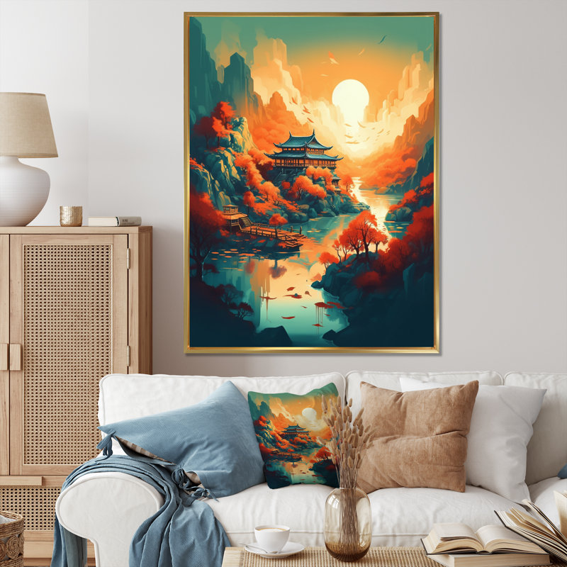 «Mountain Top Asian Inspired Home IV», reproduction sur toile, H 20 po x l 12 po x P 1 po, Cadre flottant doré