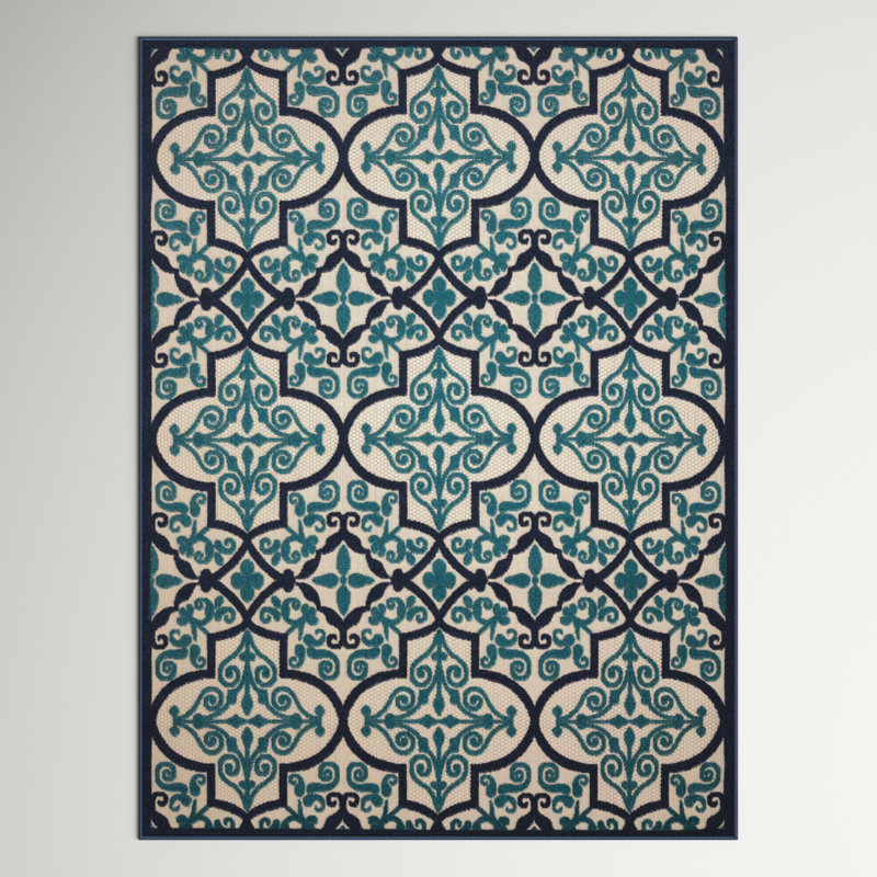 Miraloma Geometric Navy Blue Indoor/Outdoor Area Rug, Rectangle 9'6" x 13'