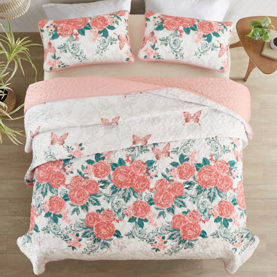 3-Piece Floral Botanical Quilt Set Lightweight Rose Printed Coverlet with Pillow Shams for All Seasons