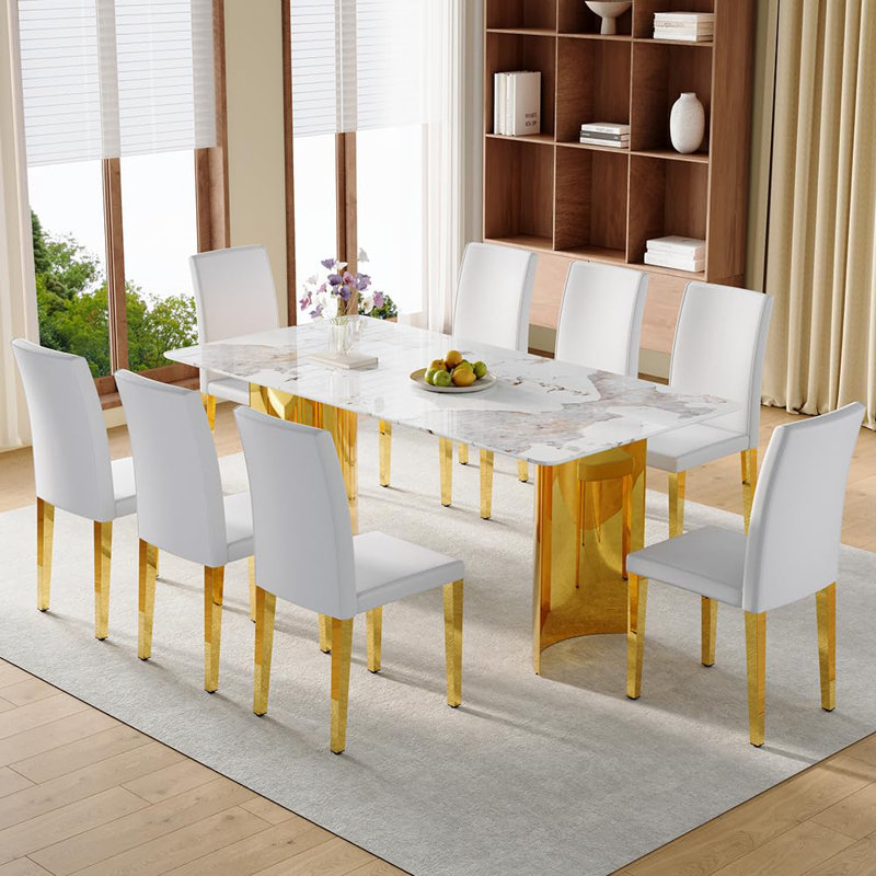 71" Rectangular Dining Table Set For 8 Featuring A Faux Marble Tabletop Paired With PU Leather Chairs. This 9-Piece Dining Set Is Suitable For Homes, Restaurants, And Office Spaces.