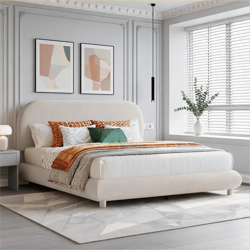 Lit plateforme rembourré en molleton beige avec finition polaire, grand pour une utilisation quotidienne dans la chambre à coucher avec un style contemporain courbé