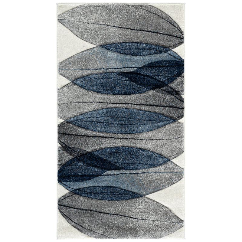 Tapis floral Jeromie Performance, Tapis de couloir 2 pi 3 po x 8 pi, Bleu / noir / ivoire