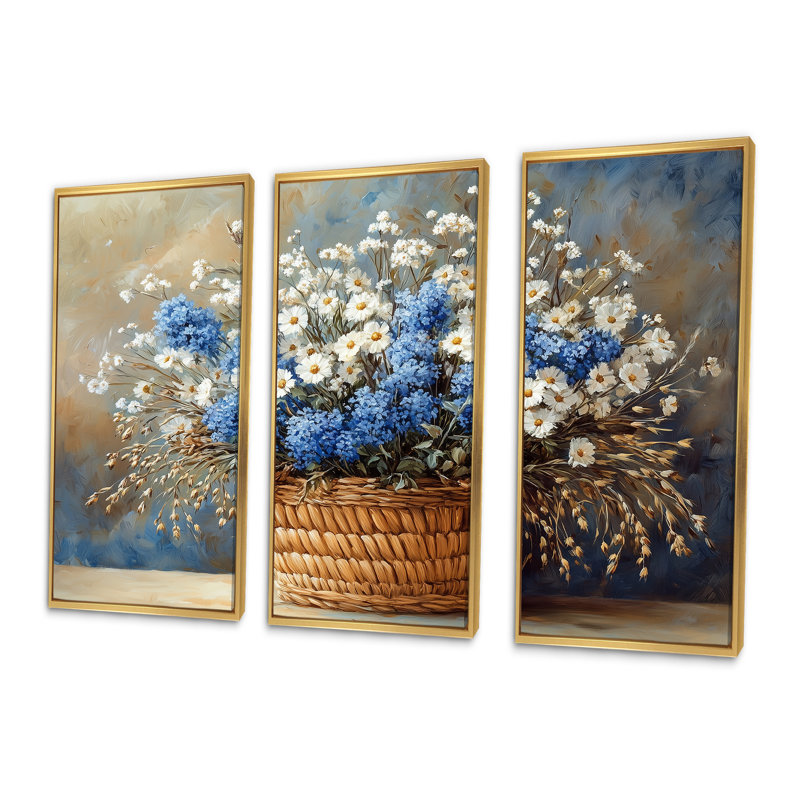 Ensemble d'art mural bleu et blanc jardin de ferme - fleurs sauvages, Toile avec cadre flottant or