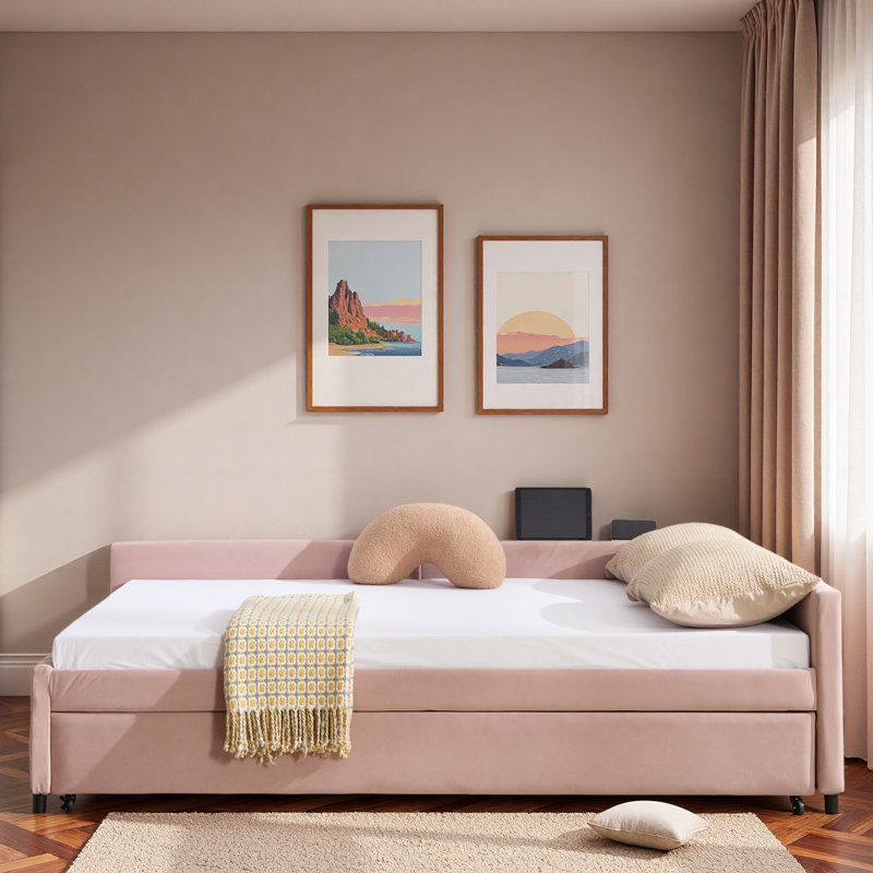 Upholstered Daybed With Trundle And Usb, Pink