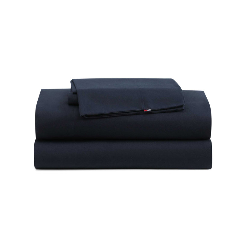 Ensemble de draps simples Tommy Hilfiger, Ensemble de draps pour grand lit avec 2 taies d'or, Bleu marine