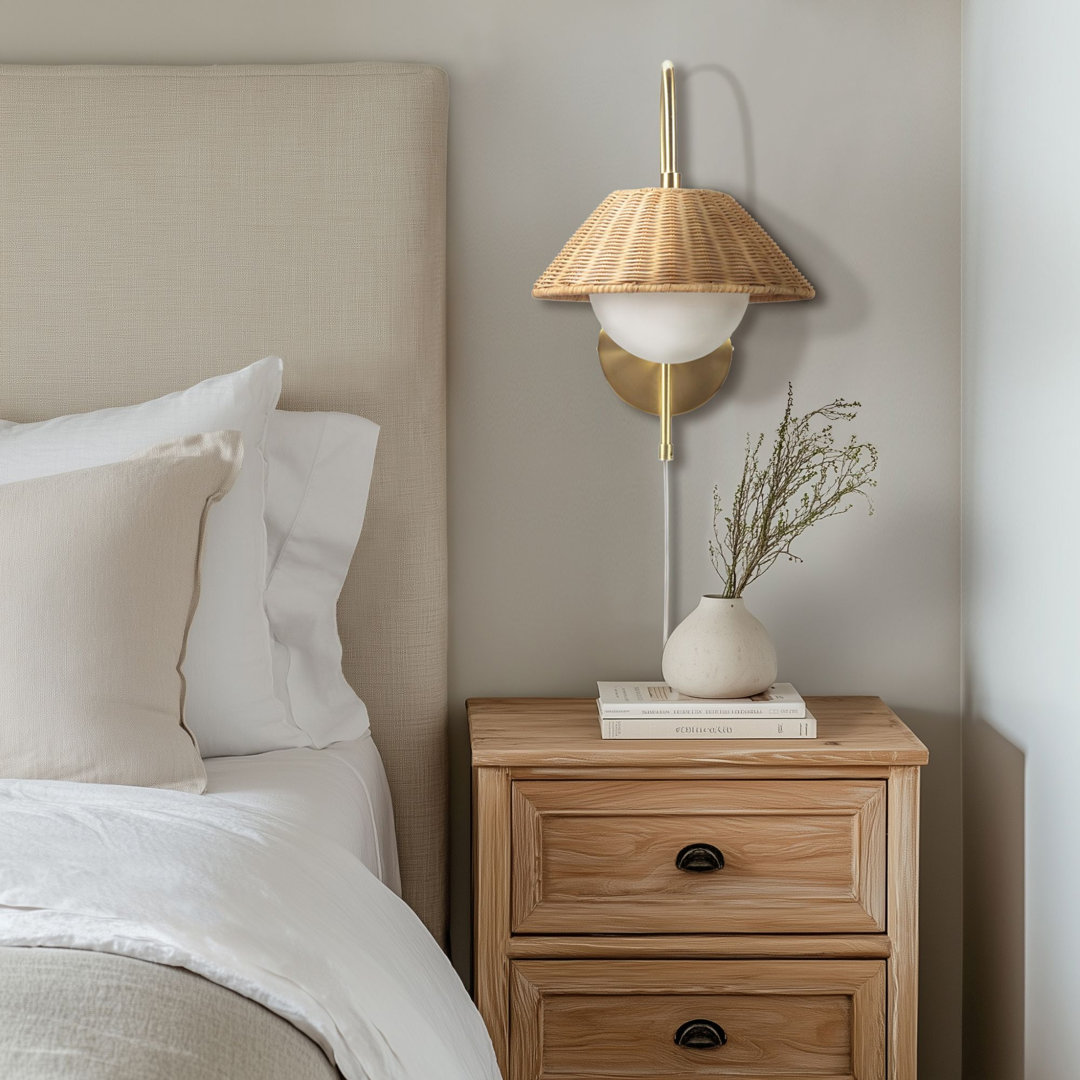 Aminda Gold Plug-in Wall Sconce with Frosted Globe and Rattan Shade