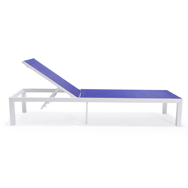Outdoor Rust-Resistant Metal Chaise Lounge Set with Table, Navy Blue, White