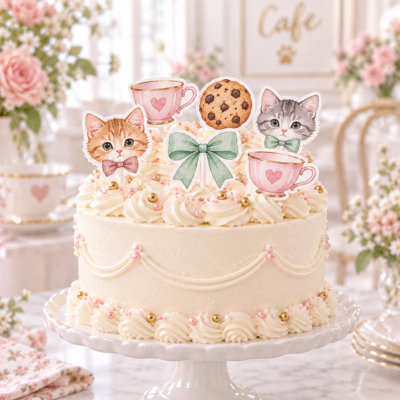 Ensemble de gâteau Kitten Cafe, décoration de fête d'anniversaire, 6 pièces en carton