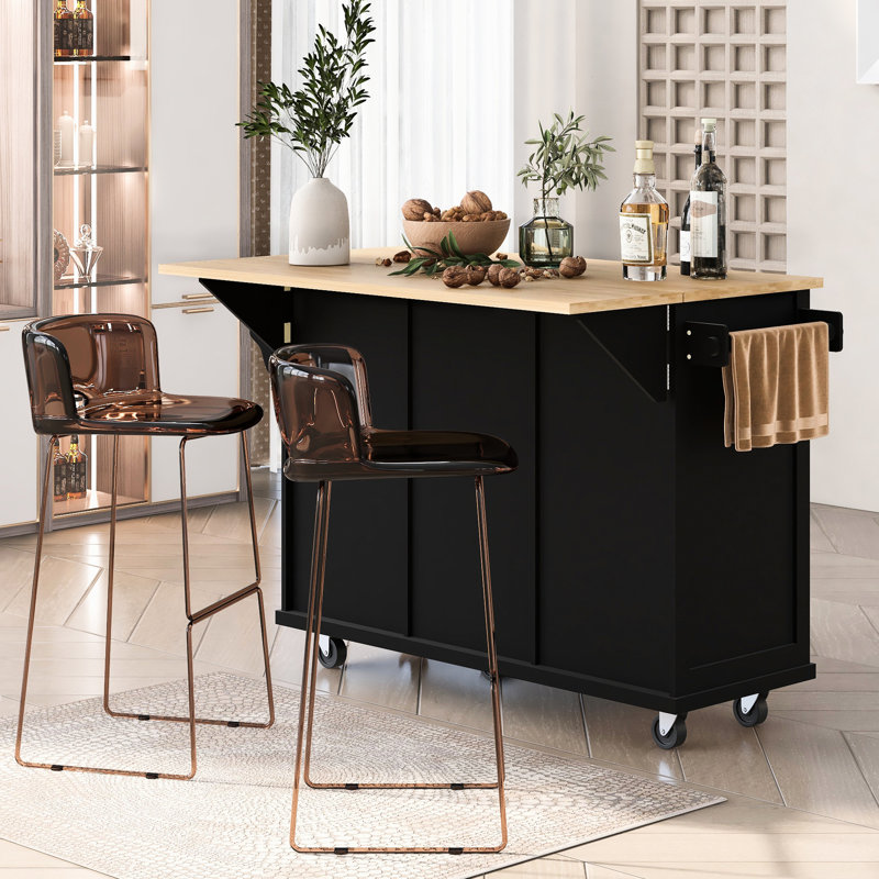 Kitchen Cart with wood Drop-Leaf Countertop,Cabinet door internal storage racks,Kitchen Island on 5 Wheels with Storage Cabinet and 3 Drawers for Dinning Room, Black