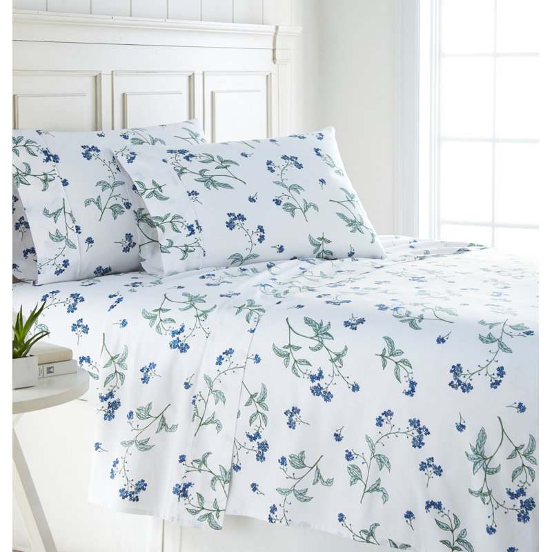 Ensemble de draps 4 pièces Southshore Fine Linens Myosotis Scorpioides en satin de coton 300 fils, poches extra profondes de 56 cm, format King, blanc