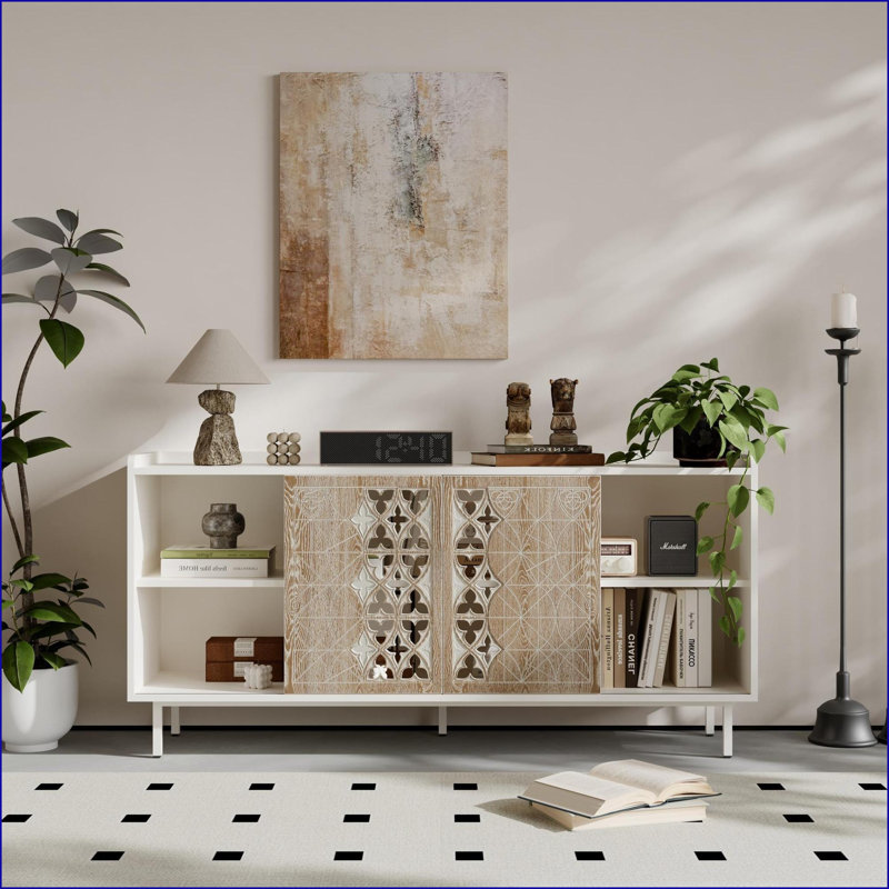 Buffet | Armoire de rangement rustique en bois massif à porte coulissante pour le salon | Tablettes incluses