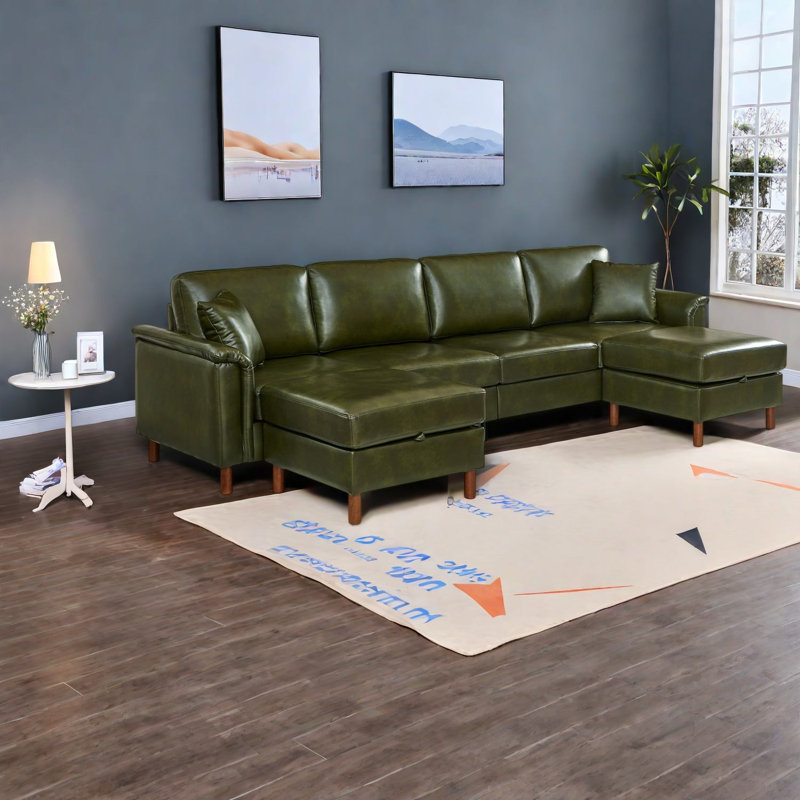 Canapé d'angle en forme de U vert foncé moderne avec poufs de rangement, en cuir PU respirant, idéal pour la maison familiale.