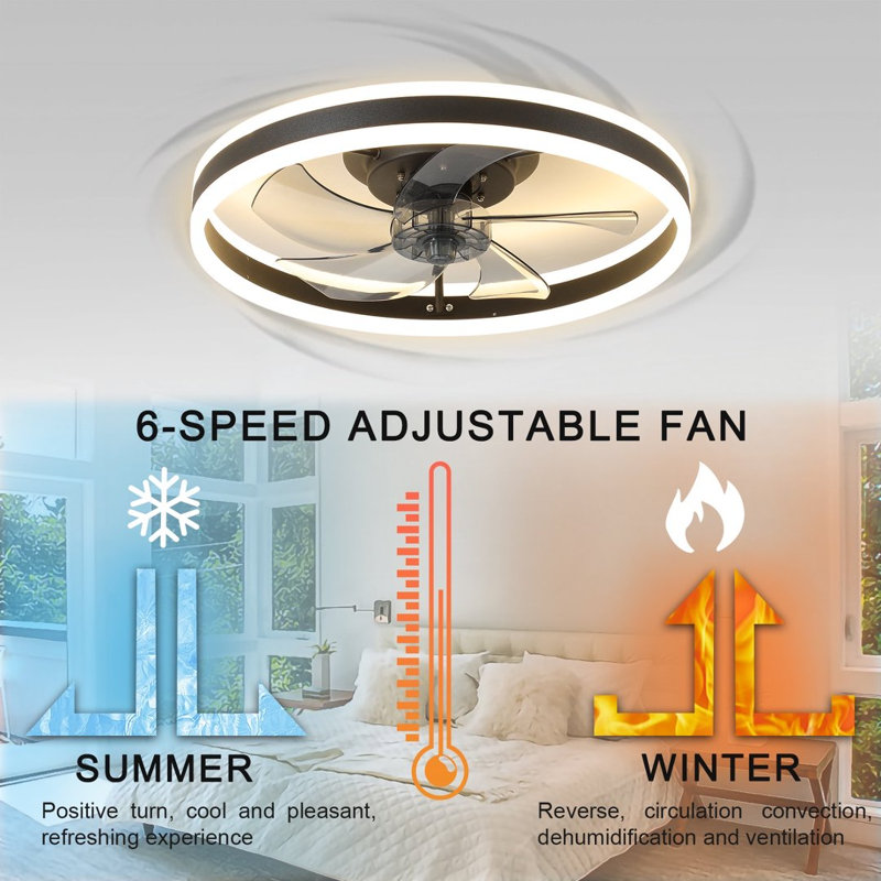 Ventilateur de plafond encastré noir et blanc de 20 po avec éclairage, ventilateur silencieux à 6 vitesses, 3 lumières à intensité variable et télécommande pour le salon de la chambre à coucher OLONTIC