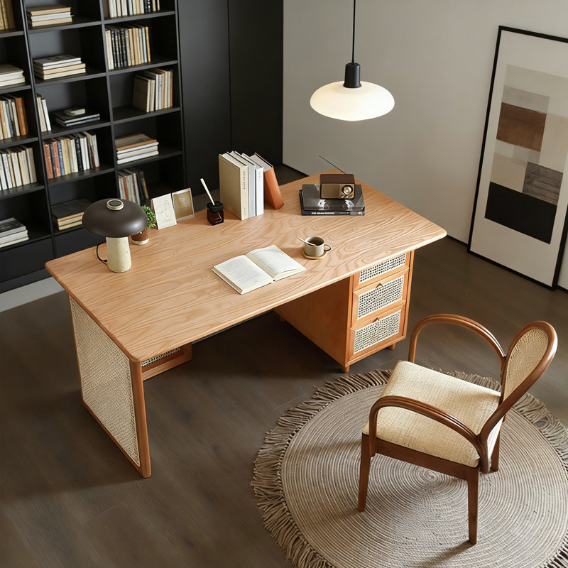 Modern Solid Wood Desk with Rattan and 3 Drawers
