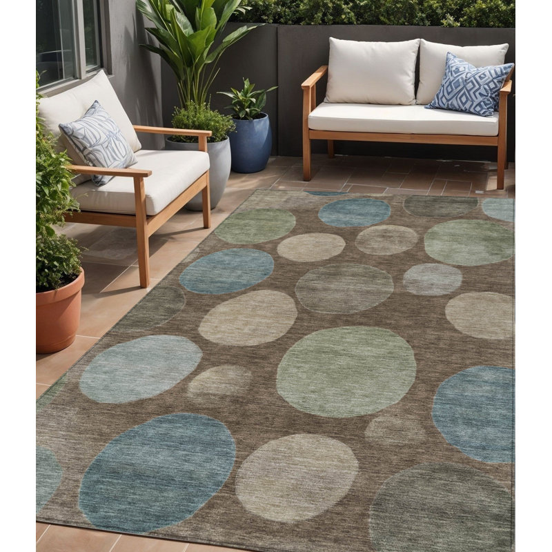 Tapis extérieur lavable géométrique 5 pi x 8 pi vert fougère chocolat et bleu sarcelle