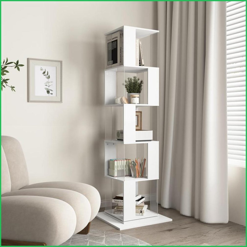 Bookshelf 5-Tier 360° Rotating with Clear Acrylic Shelves &amp; Anti-Toppling Base | White | Particle Board