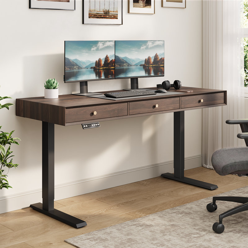 Electric Standing Desk With 3 Drawers, Height Adjustable Computer Desk, 44.49" H x 63" W x 23.62" D, Walnut