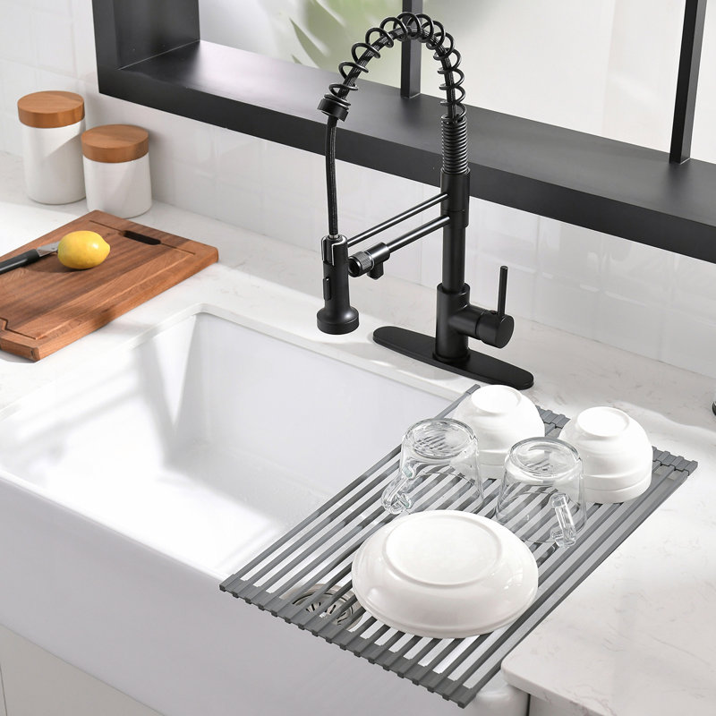 Robinet de cuisine de purificateur d'eau potable avec support de séchage pour vaisselle, robinet d'évier de cuisine rétractable (noir mat)