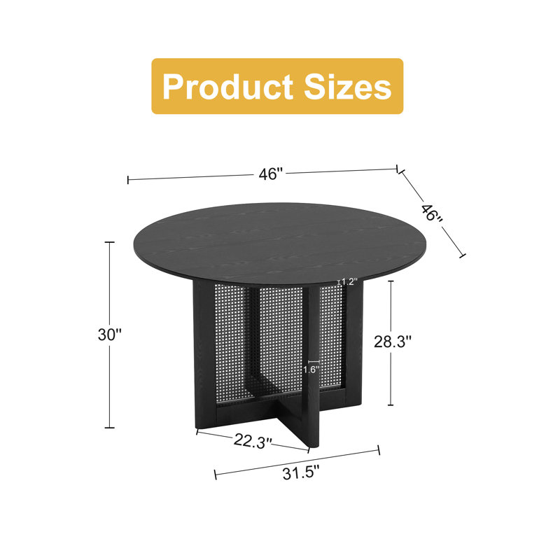 Table de salle à manger ronde en bois massif avec piédestal en rotin, Noir, H 30 po x L 46 po x l 46 po