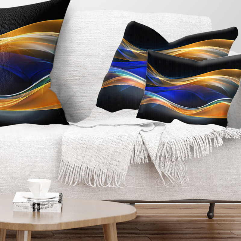 Design 3D Wave - Coussin imprimé abstrait, Noir / Bleu / Orange