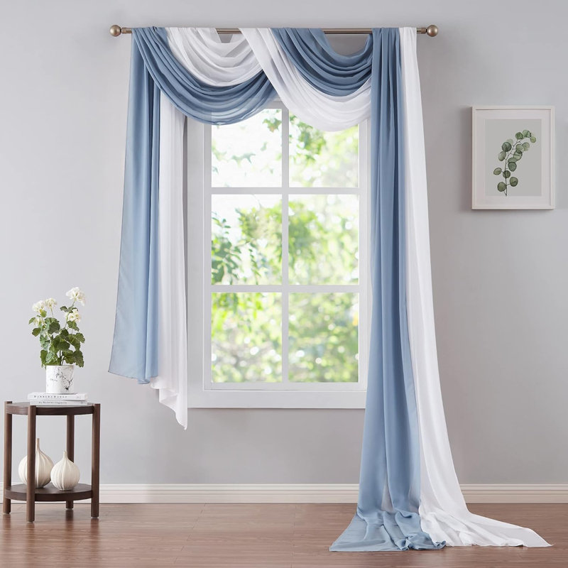 Candida Sateen Sheer Window Scarf Pair, White/Dusty Blue, 35" W x 144" L