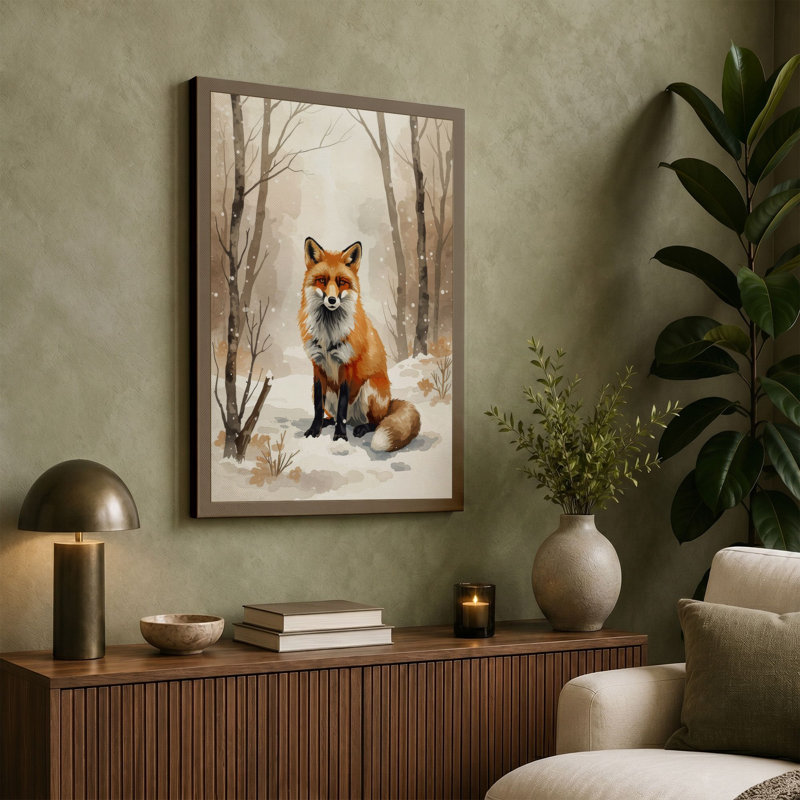 Fox in Winter Scandinavian - Wrapped Canvas, 36x24 - 91.4 x 61.0 cm, Black Border