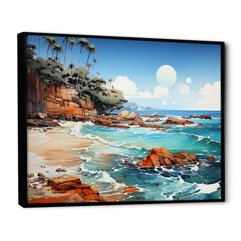 «Blue Beach Waves Fusion I», reproduction, H 16 po x l 32 po x P 1 po, Cadre flottant noir