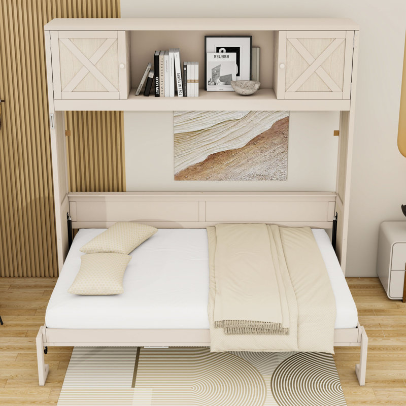 Lit escamotable double en bois avec armoires supérieures, conception pliable, Full, Beige