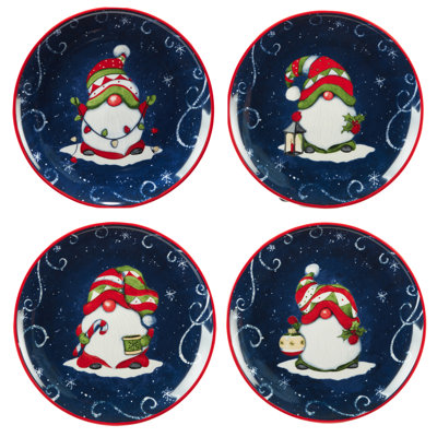 Certified International Holiday Magic Gnomes Set Of 4 Dessert Plate In Blue;white;red
