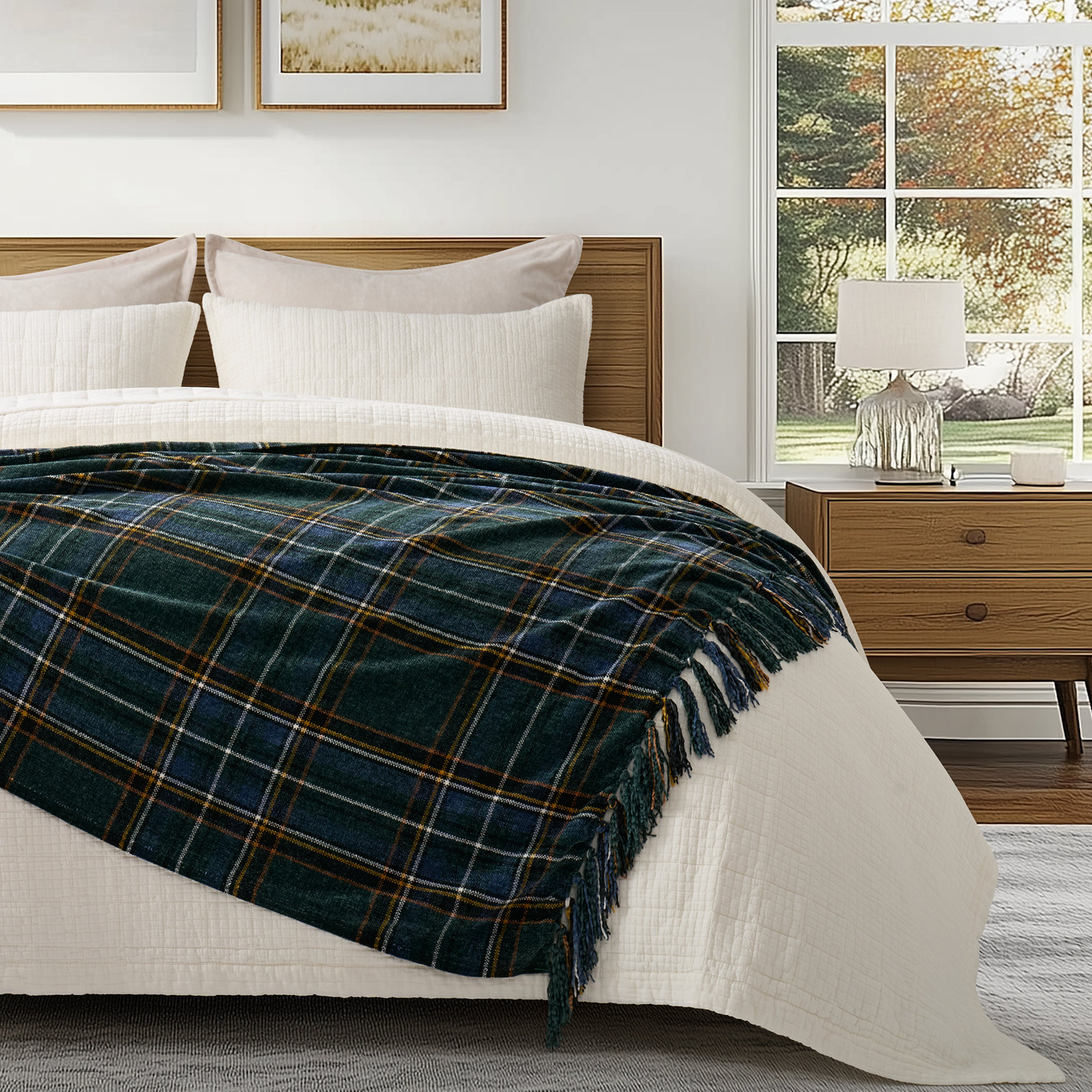 Chenille Throw Blanket, 60" L x 50" W, Pine Green Plaid