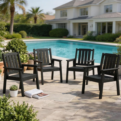 23.9” Wide HDPE Patio Dining Chairs Set of 4, 650LBS Capacity All-Weather Yard Armchair with Slatted Seat,Black