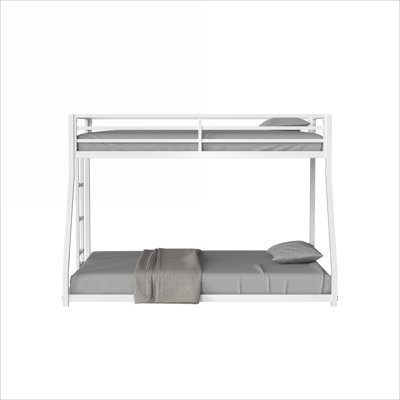 Metal Construction Twin Over Full Bunk Bed, Low Profile With Stable Easy Climb Ladder, White Finish
