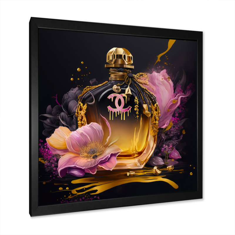 Chic bouteille de parfum avec roses roses I - art mural tendance pour le salon, H 16 po x l 16 po x P 1 po
