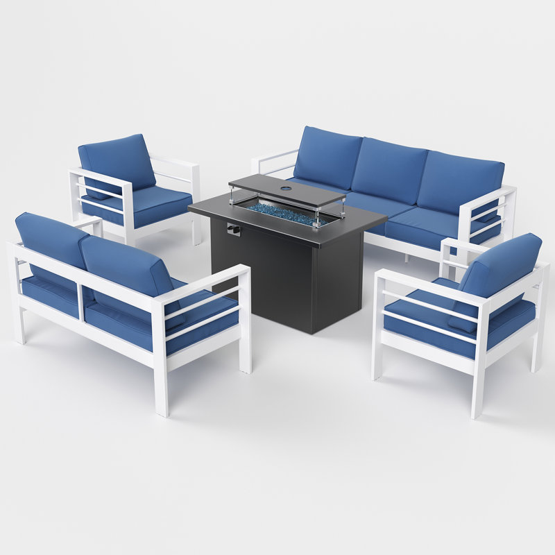Ensemble de conversation pour 7 personnes avec coussins, Bleu / blanc