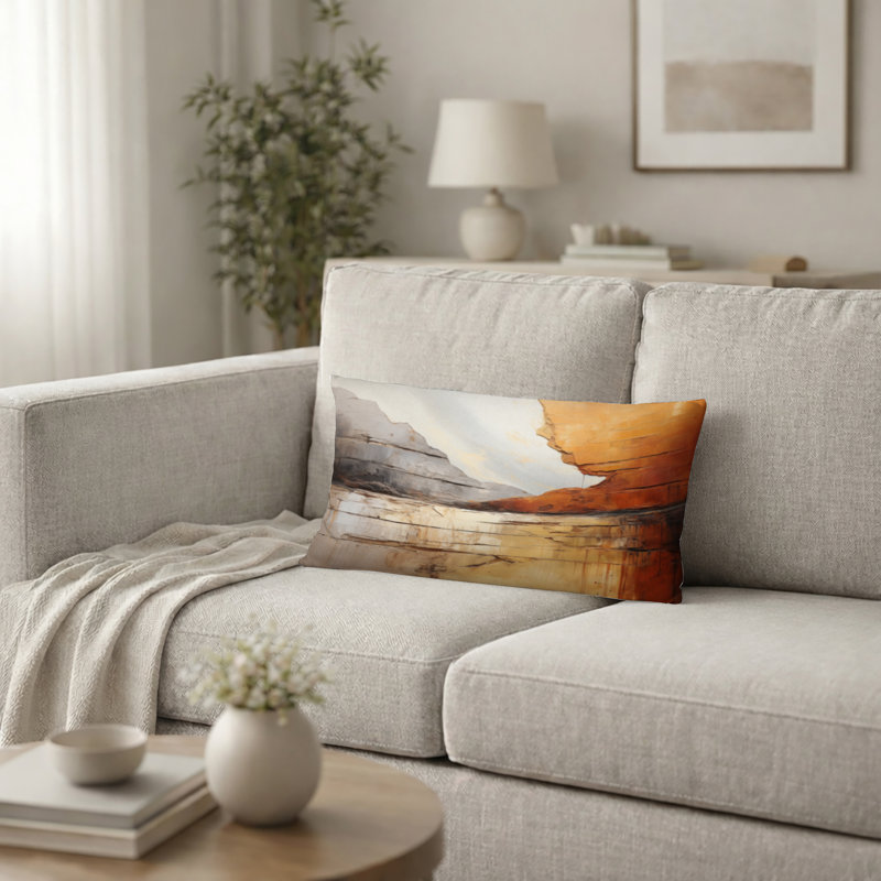 Coussin décoratif gris et orange, H 12 po x l 20 po