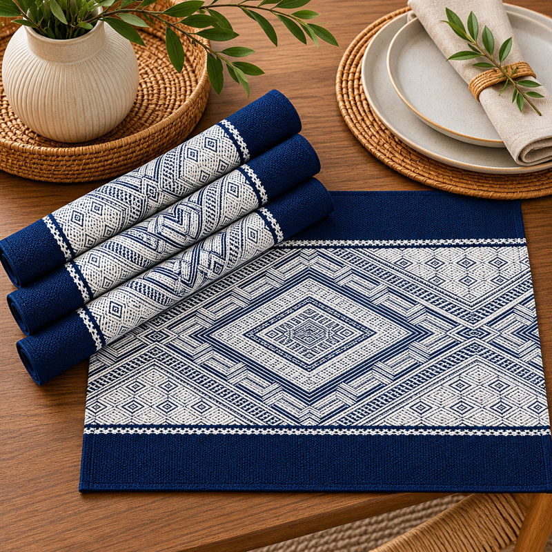 Mélange de coton géométrique tissé à losanges l 14 po x L 19 po, ensemble de 4, Marine